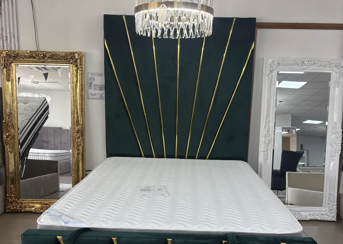Sunburst headboard bed in deep green velvet with gold detailing, made to order at Zavvinko Ipswich