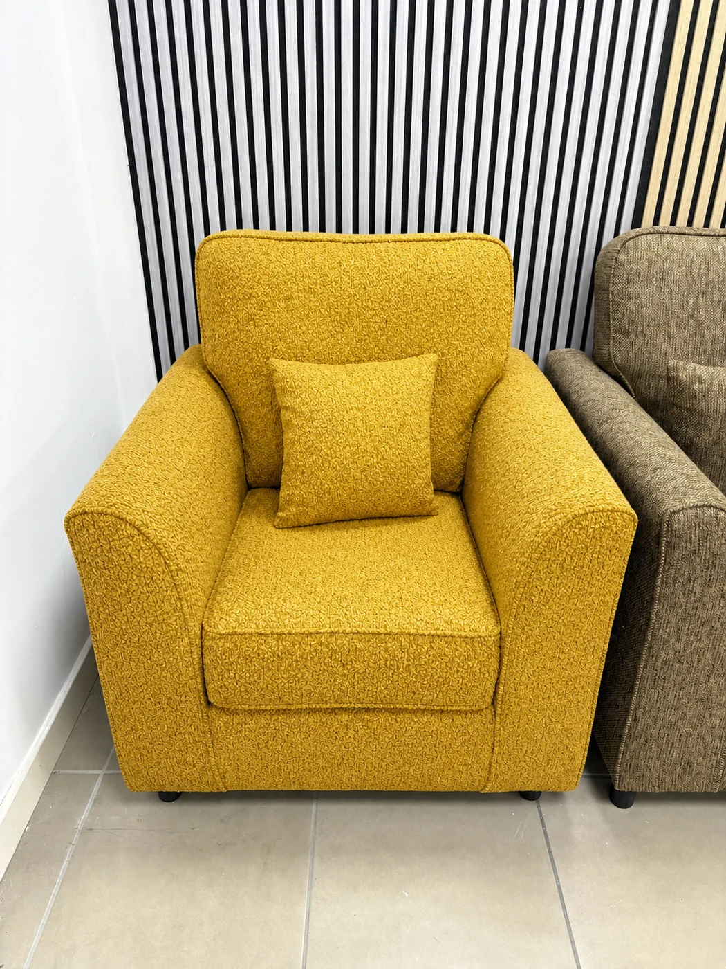 Bespoke armchair sofa in Teddy Saffron, made to order in Ipswich