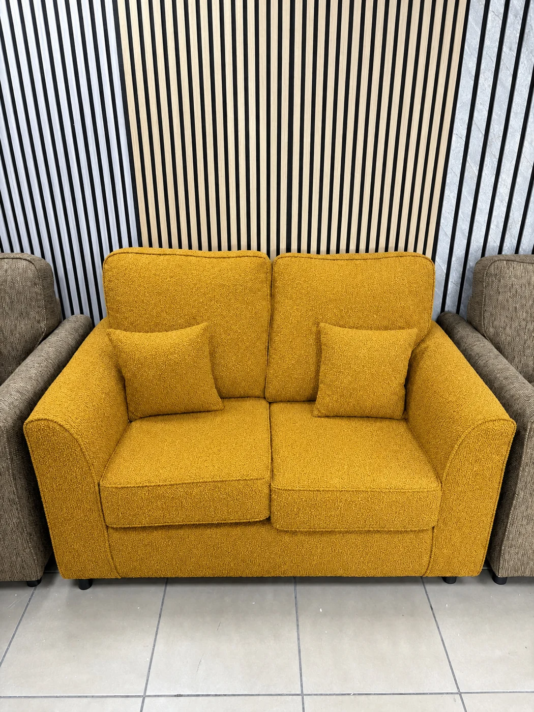 Bespoke two-seater sofa in Teddy Saffron, made to order in Ipswich