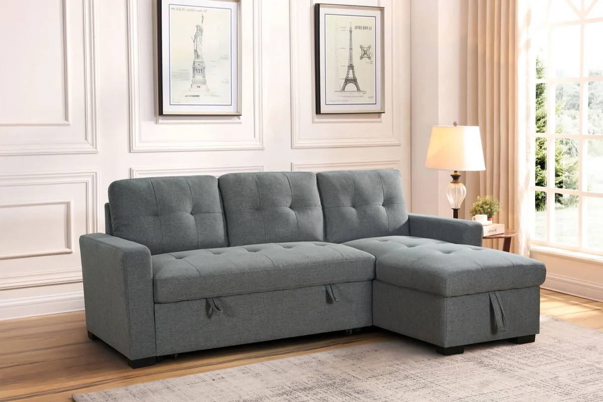The Alder corner sofa in grey, styled in a warm panelled living room