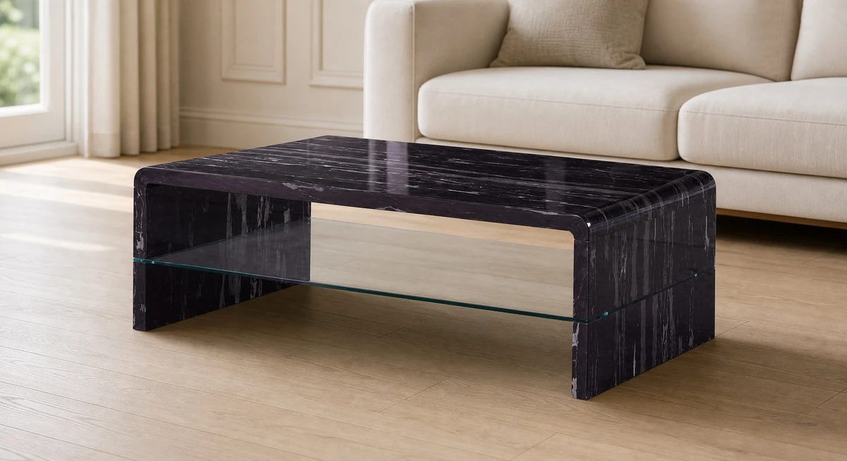 Black Marble Effect Coffee Table with Glass Shelf