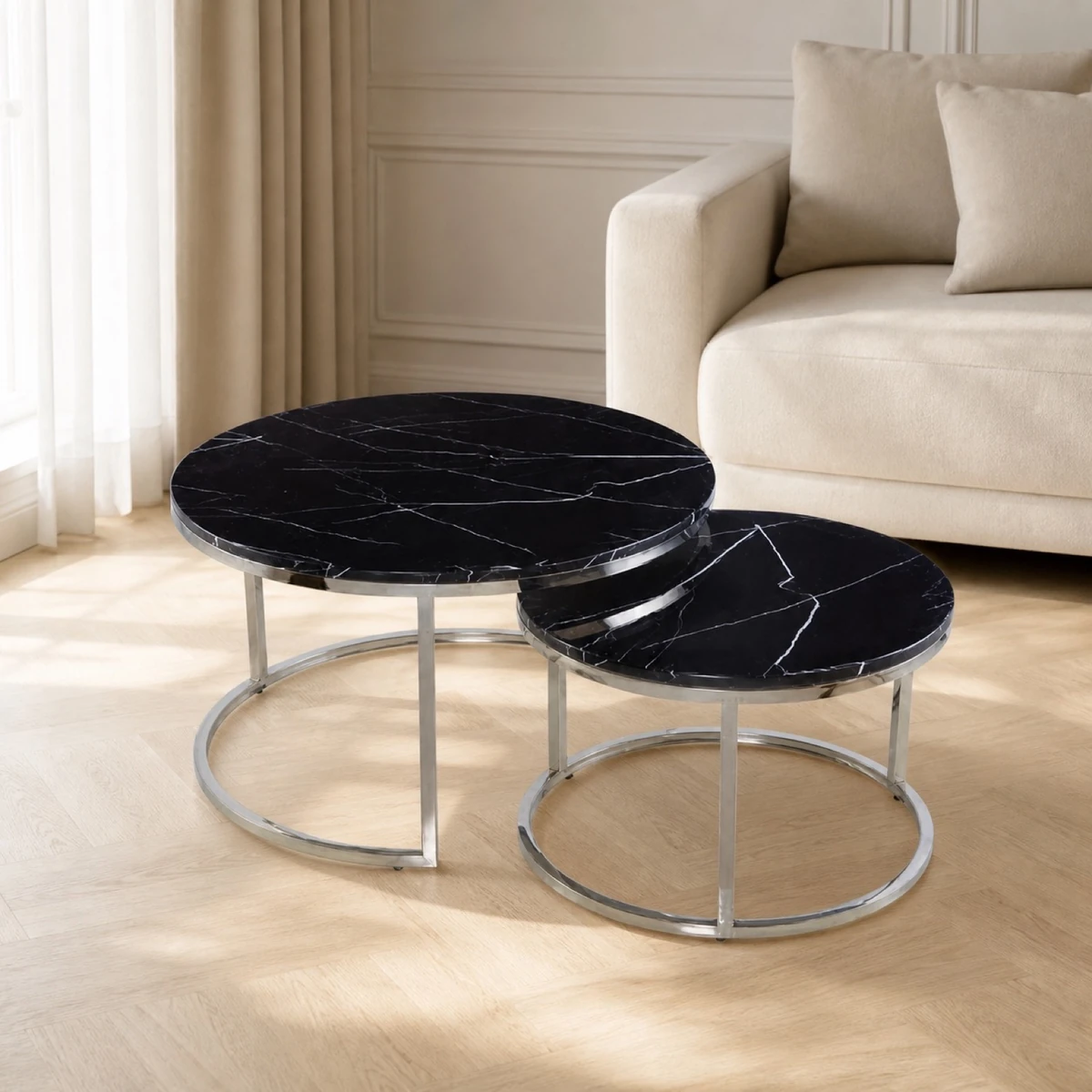 Black Marble Nest of Tables with Silver Legs