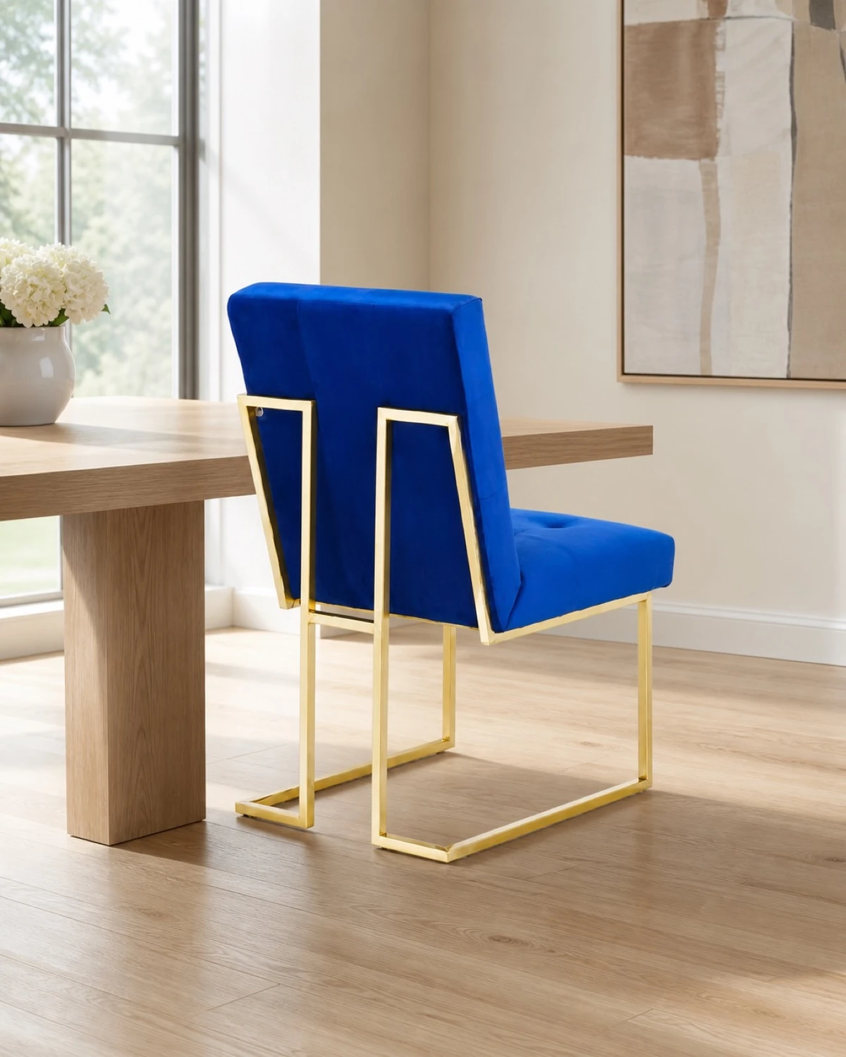 Blue Velvet Button Back Chair with Gold Frame
