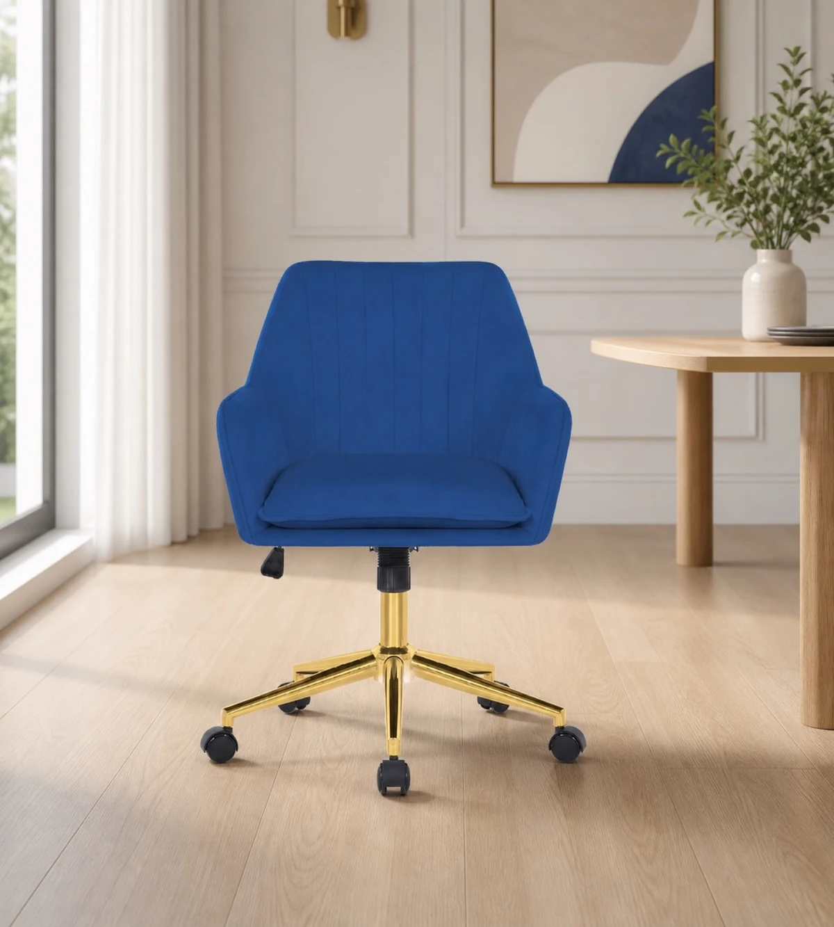 Blue Velvet Swivel Chair with Gold Legs