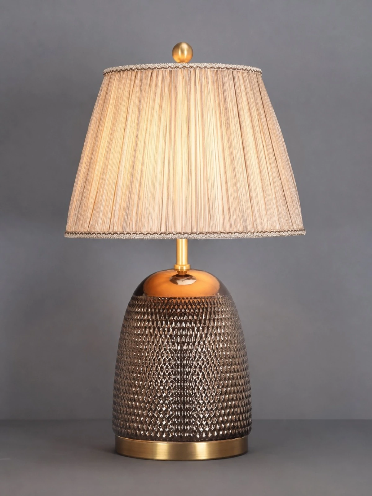 Bronze Beaded Table Lamp with Pleated Shade