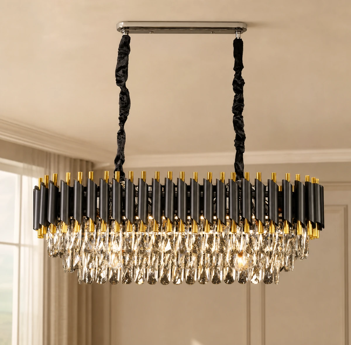 Gold and Black Rectangular Crystal Chandelier 80cm