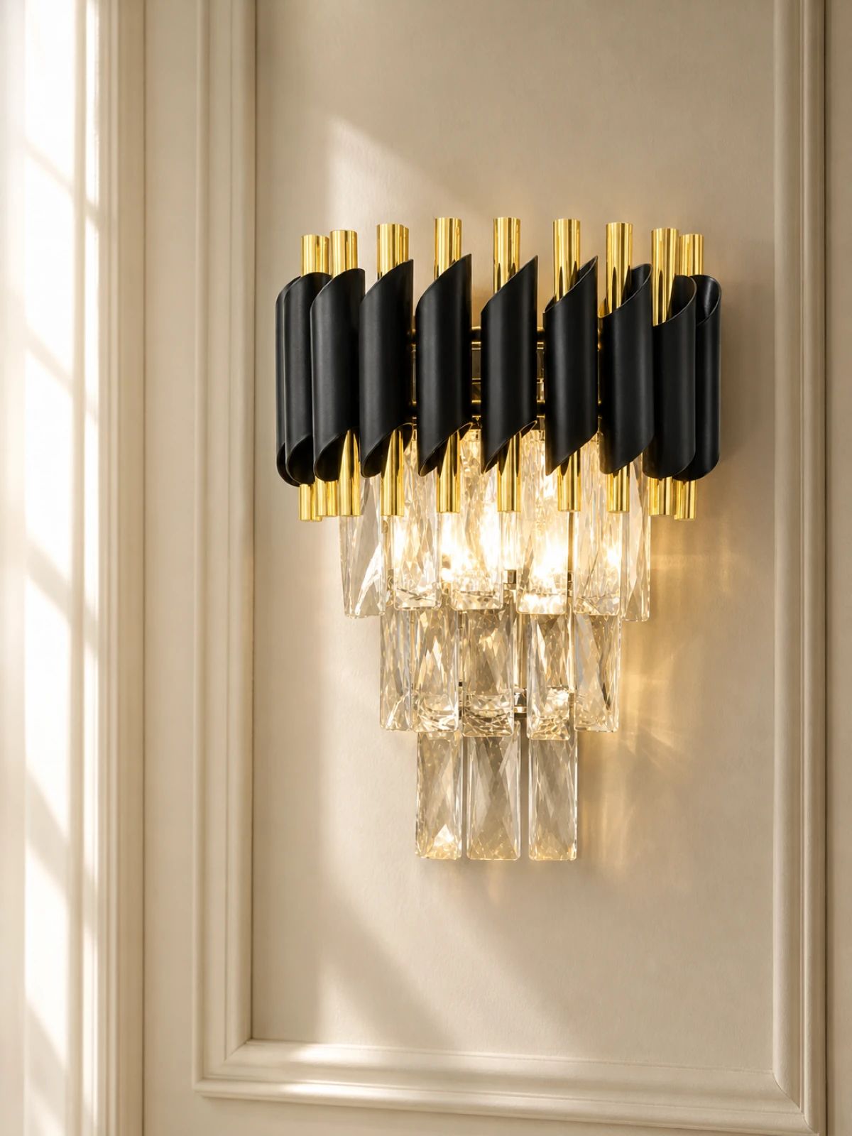 Gold and Black Tiered Crystal Wall Light