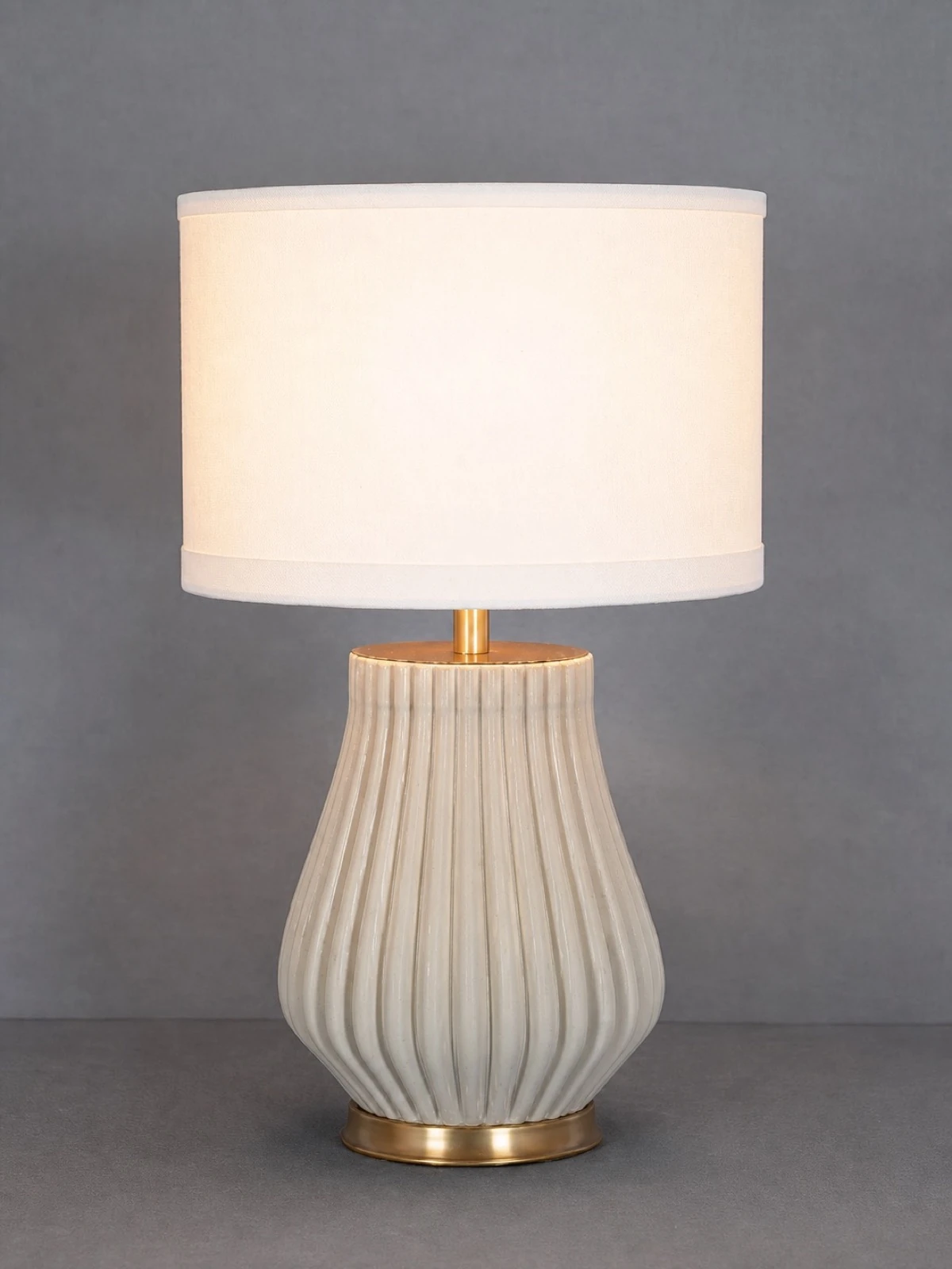Grey Ribbed Table Lamp with Gold Base