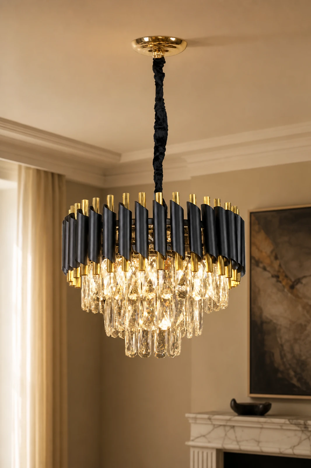 Large Gold and Black Tiered Crystal Chandelier 55cm