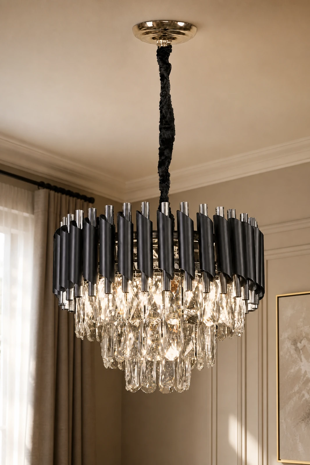 Large Silver and Black Tiered Crystal Chandelier 55cm