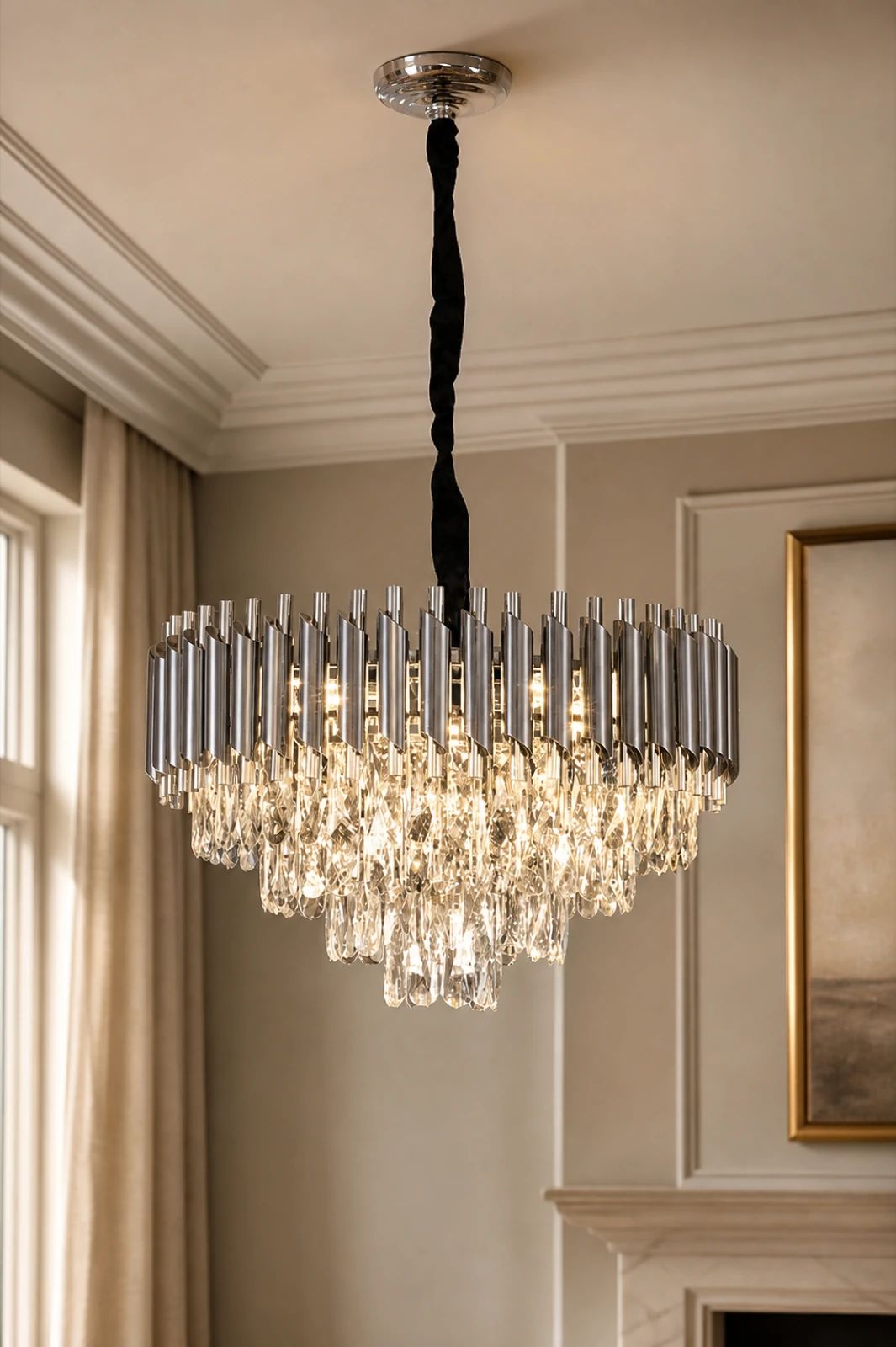 Large Silver Tiered Crystal Chandelier 55cm