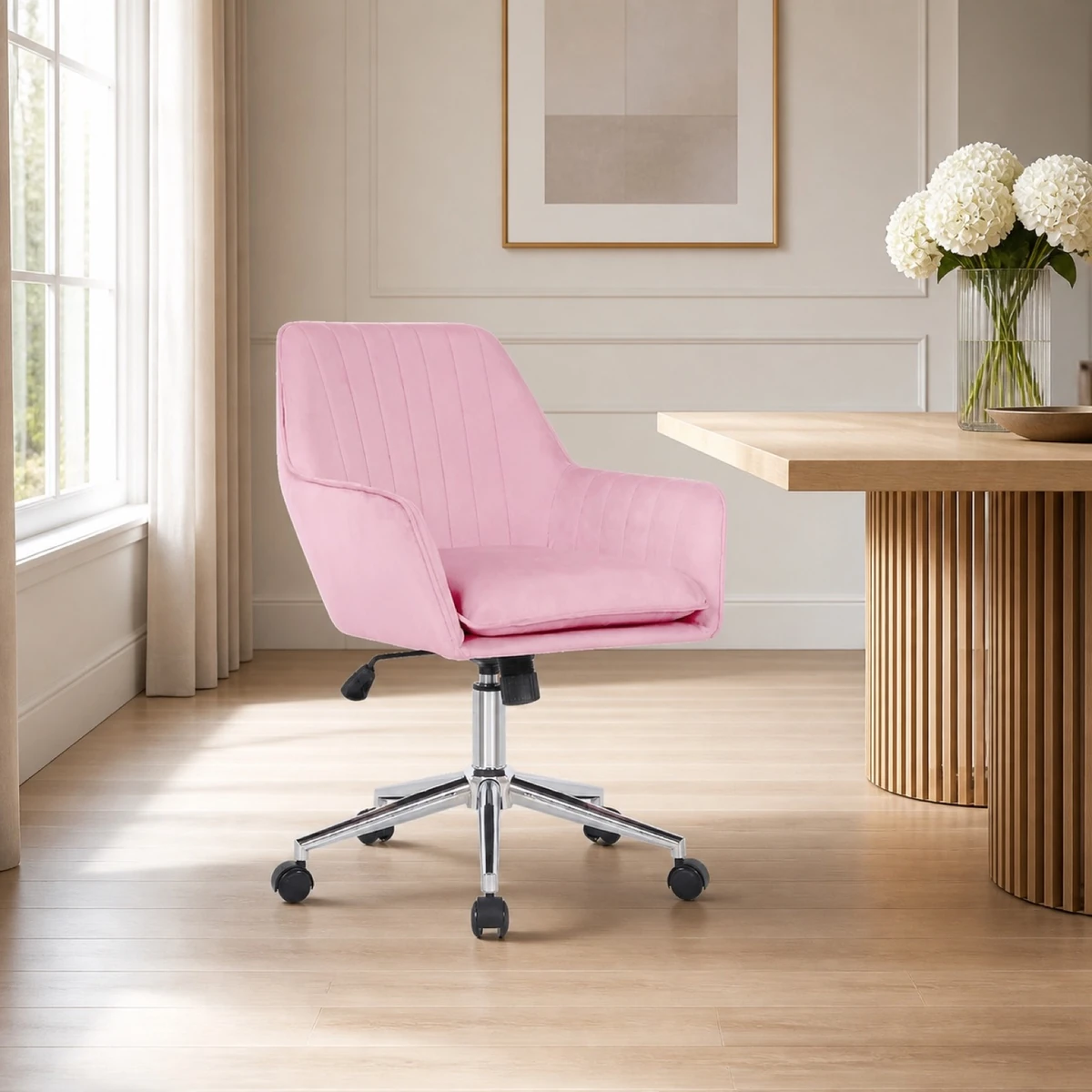 Pink Velvet Swivel Chair with Silver Legs