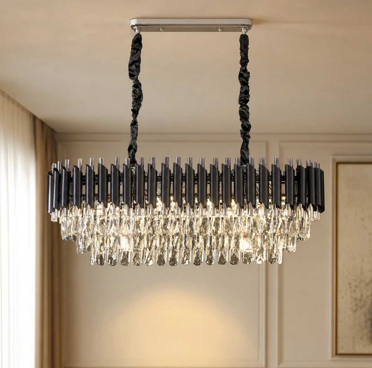 Silver and Black Rectangular Crystal Chandelier 80cm