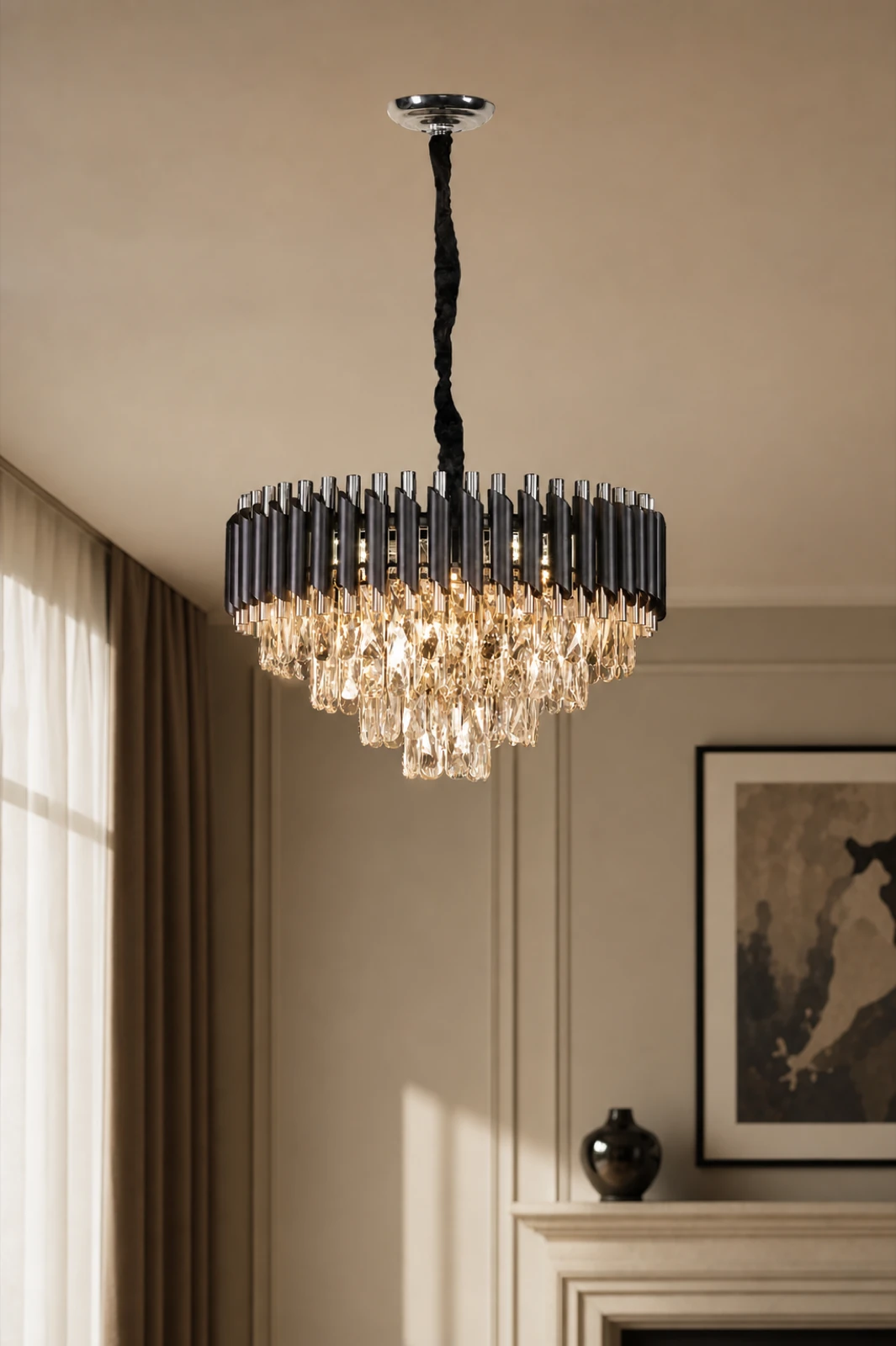 Silver and Black Tiered Crystal Chandelier 40cm