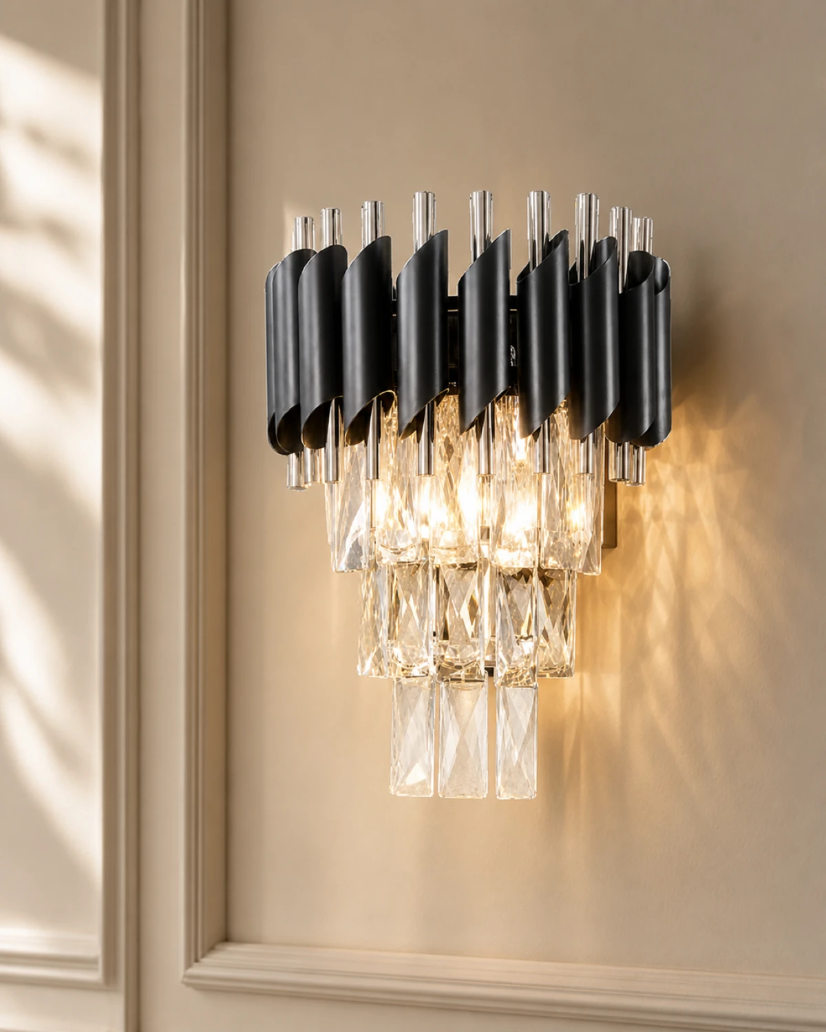 Silver and Black Tiered Crystal Wall Light