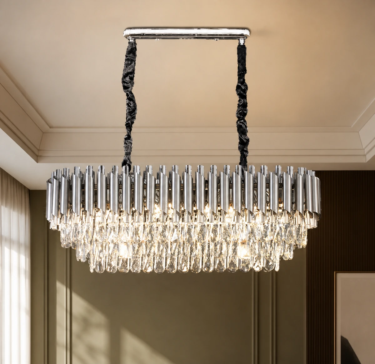 Silver Rectangular Crystal Chandelier 80cm