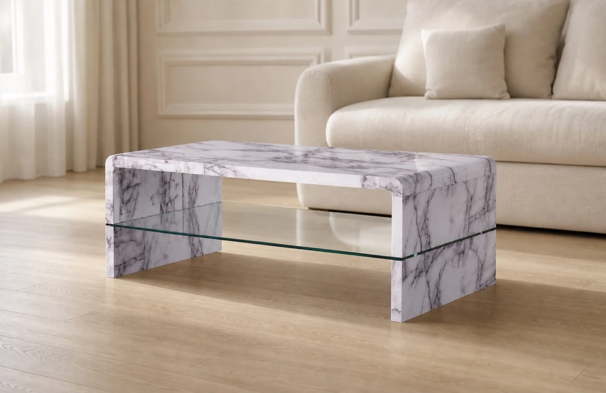 White Marble Effect Coffee Table with Glass Shelf