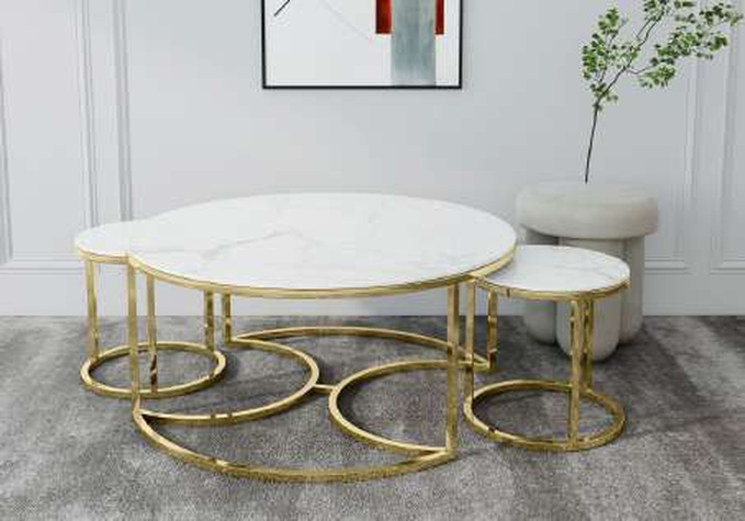 White Marble Nest of 3 Tables with Gold Legs