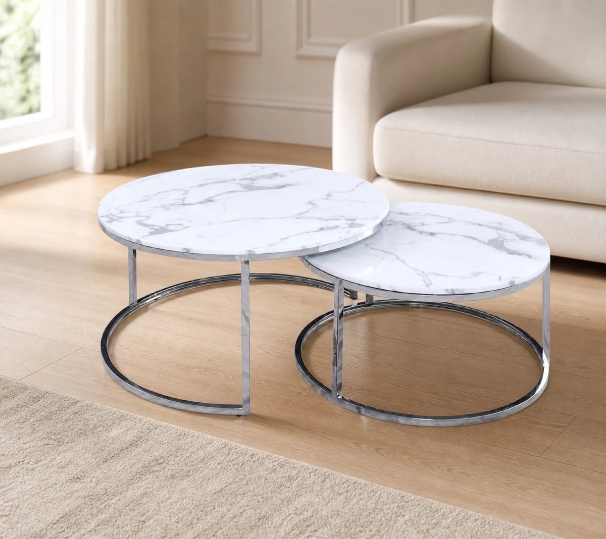 White Marble Nest of Tables with Silver Legs